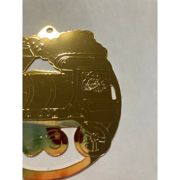 Brass 2.5" Ornament Gold Metal Etched Train Engine Teddy Bear Gloria Duchin - Picture 6 of 6